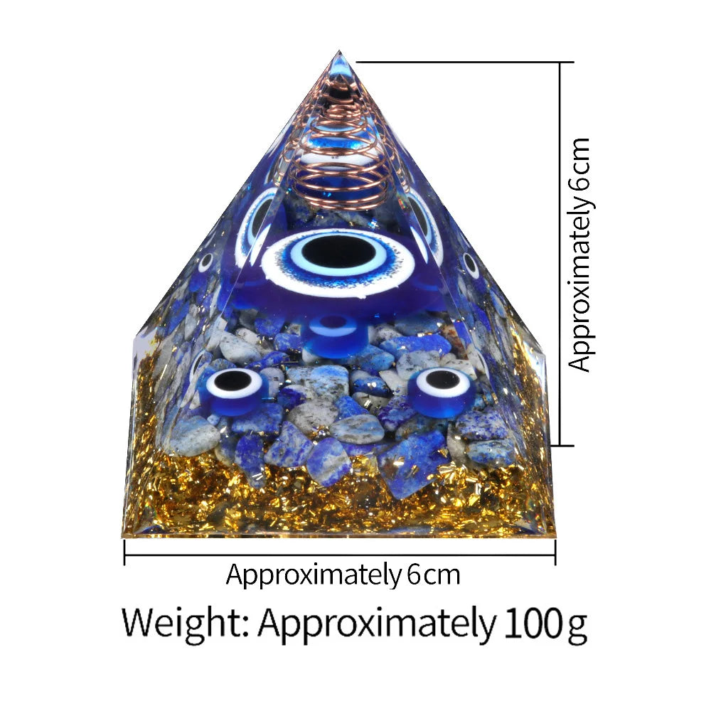 60MM Evil Eye Orgone Gemstone Pyramid for Home Office Feng Shui Protection & Spiritual Gifts Chip Lapis lazuli