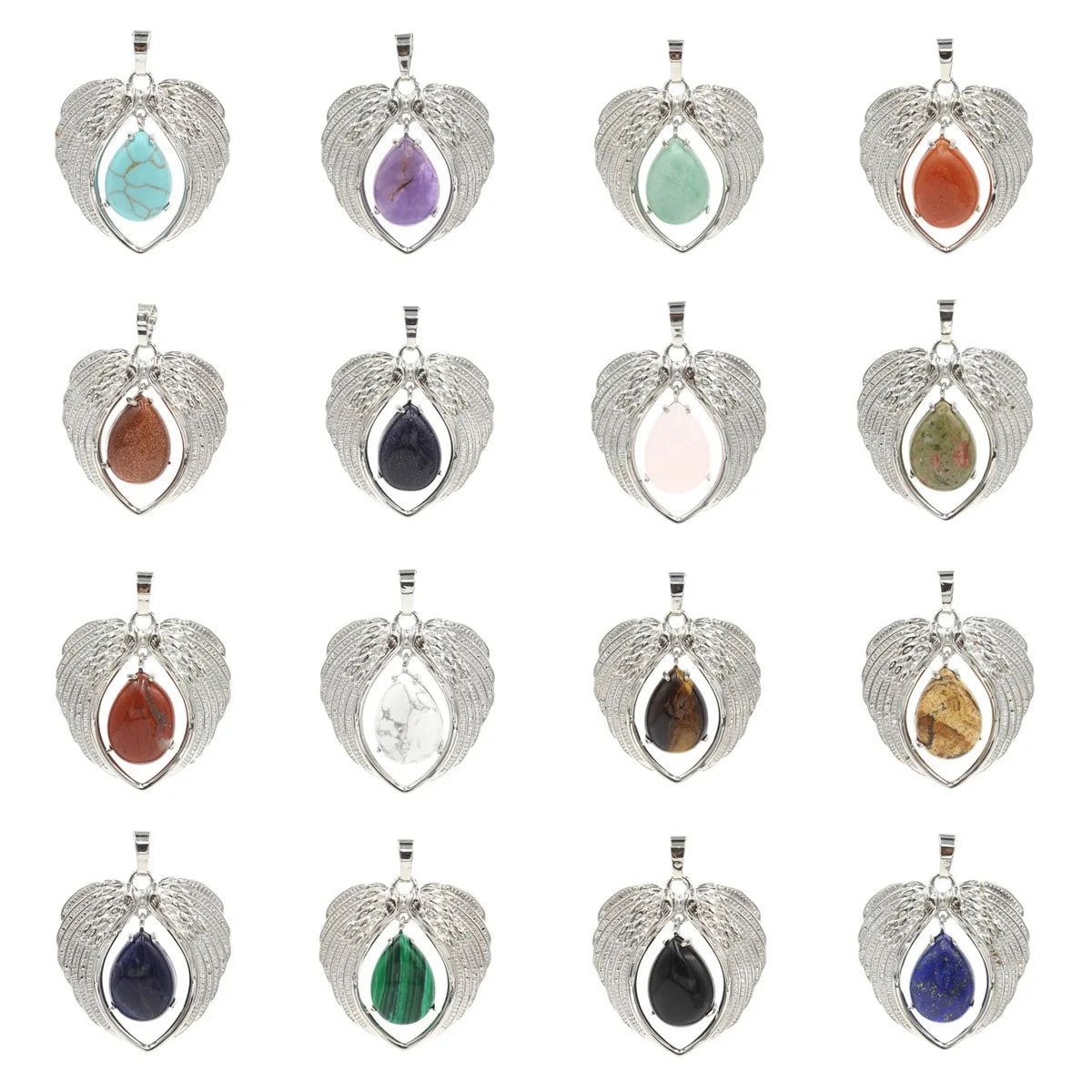 Natural Crystal Angel Wings Pendant | Teardrop Gemstone Heart Amulet Charm | Silver Alloy Feather Wing Quartz Droplet Jewelry Findings for DIY Making
