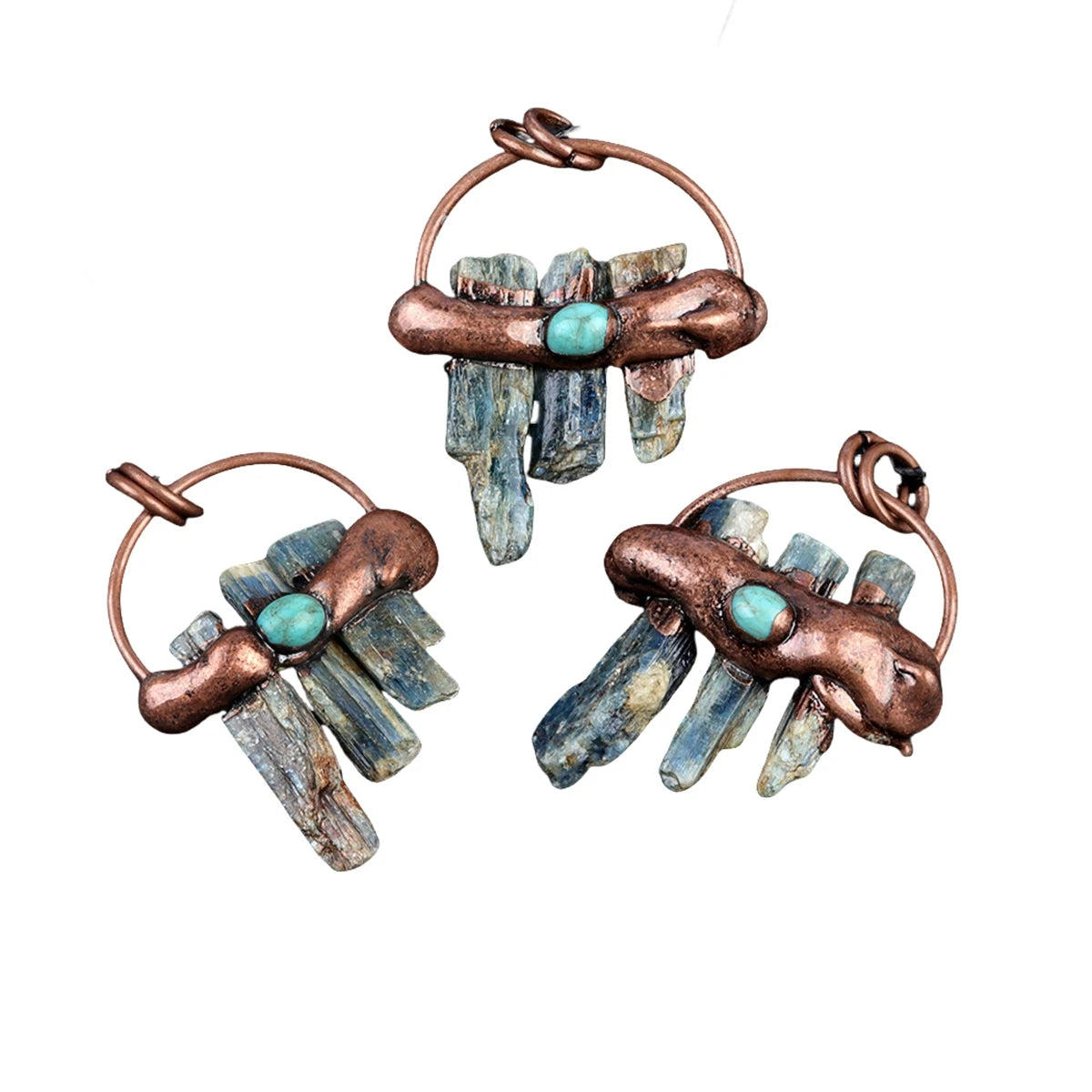 26-36mm Vintage Copper Blue Kyanite Crystal Pillar Pendant Necklace with Turquoise Accent