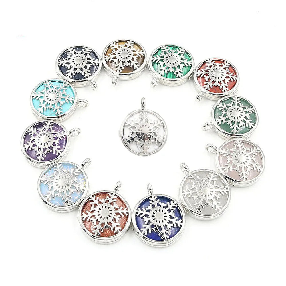 Hollow Snowflake Pendant Silver Plated Natural Crystal Inlay Winter Charm for Christmas Necklace Making