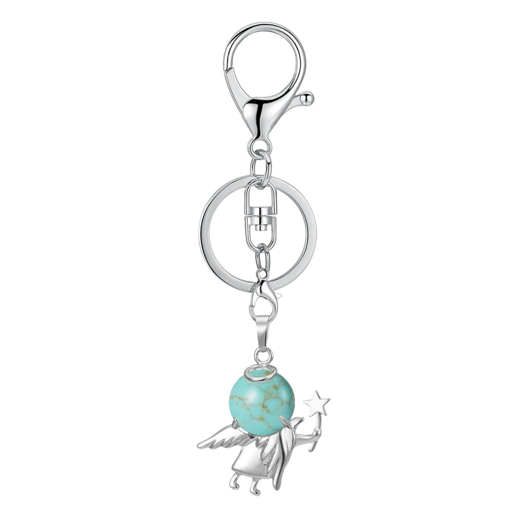 Guardian Angel Natural Crystal Ball Keychain, Silver‑Plated Angel Figurine Gemstone Sphere Charm Key Ring Reiki Spiritual Bag Pendant Gift for Women