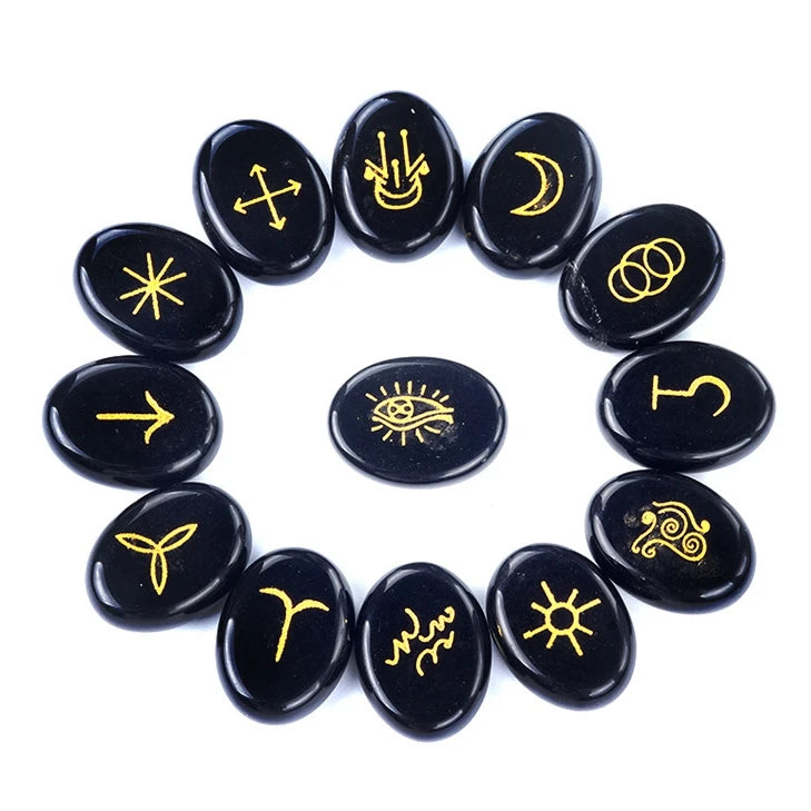 Wholesale Multicolour Natural Oval Polished Stone Set 13Pcs Symbol Engraved Reiki Healing Gemstone for Men Women