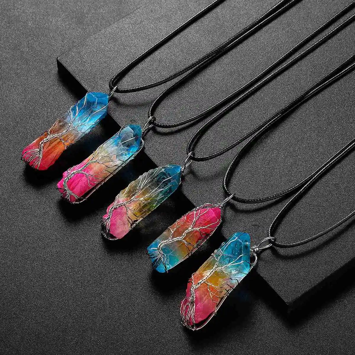 Handmade Wire Wrapped Tree of Life Crystal Point Necklace, Multicolor Natural Rough Crystal Column Pendant Adjustable Rope Chain Boho Witchy Spiritual Energy Healing Necklace