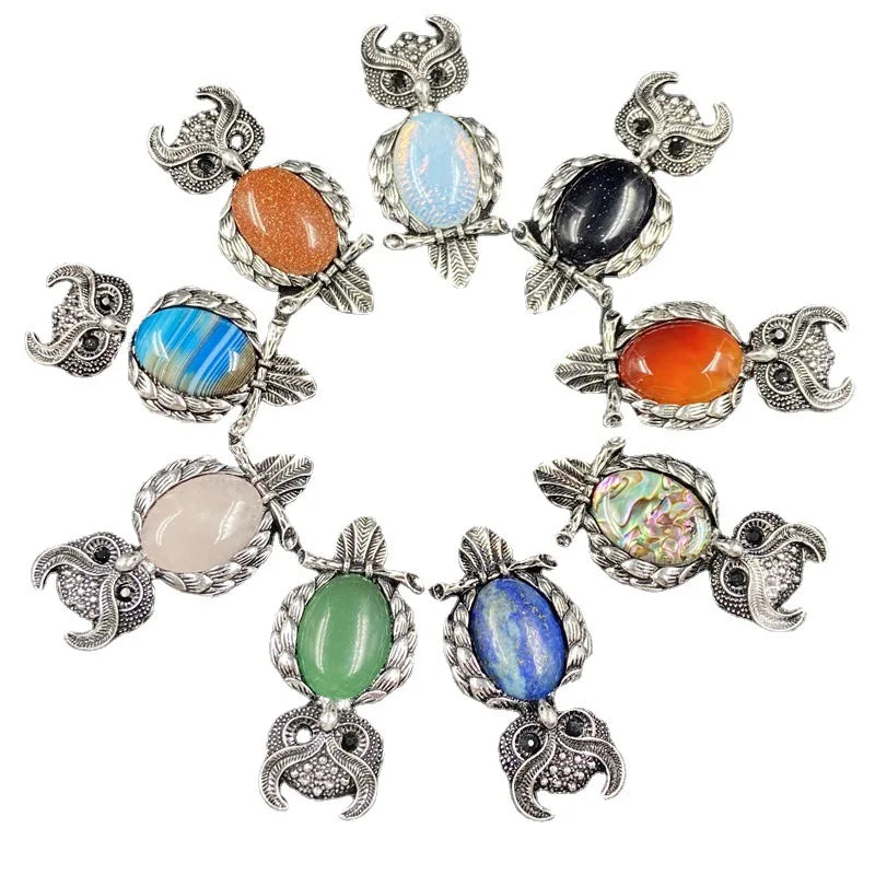 Spirit Wisdom Owl Healing Crystal Pendant Gemstone Antique Alloy Necklace for Reiki Meditation Birthday Gift