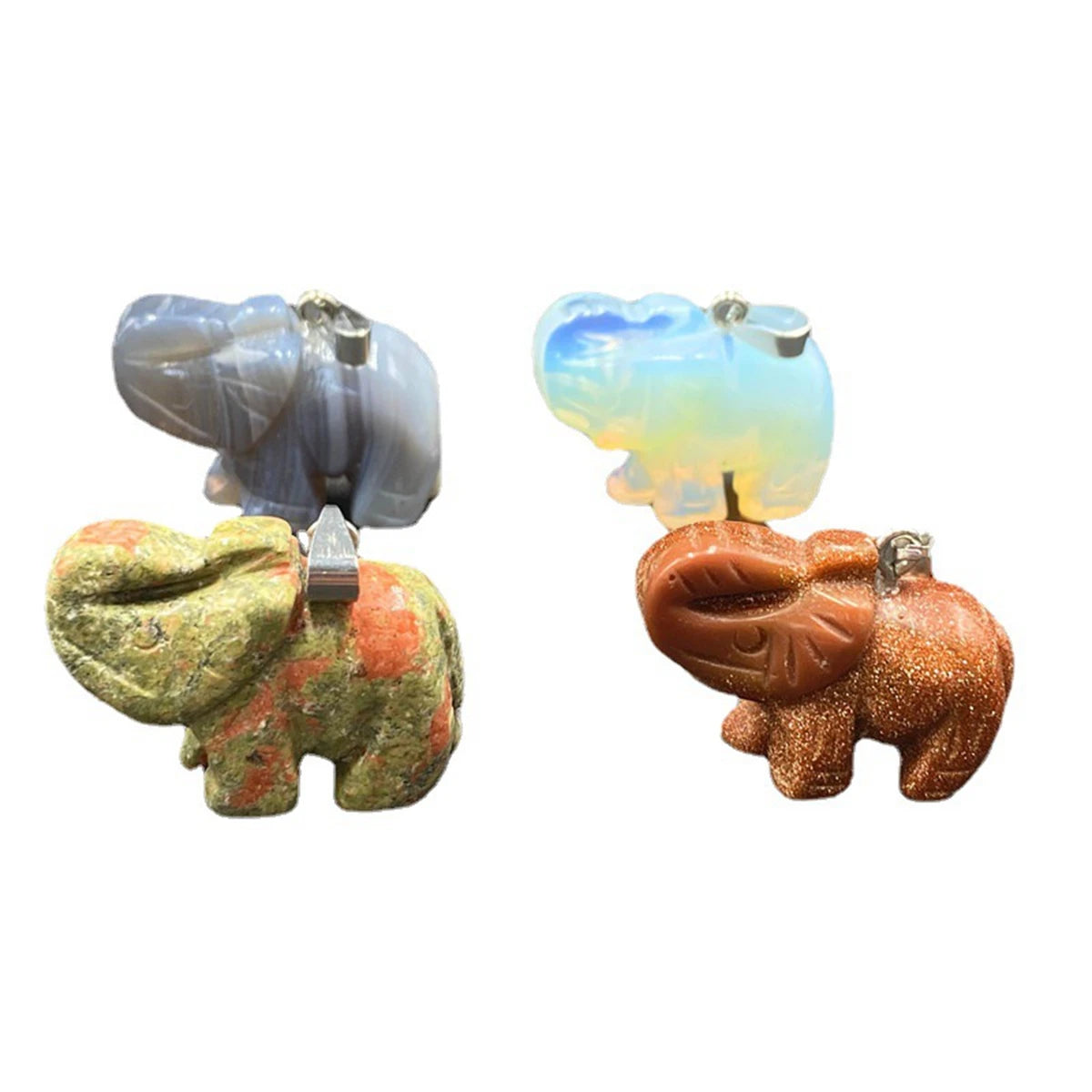 Lucky Protection Elephant Natural Stone Necklace, Reiki Healing Mixed Quartz Crystal Animal Pendant with Adjustable Black Cord for Spiritual Gift