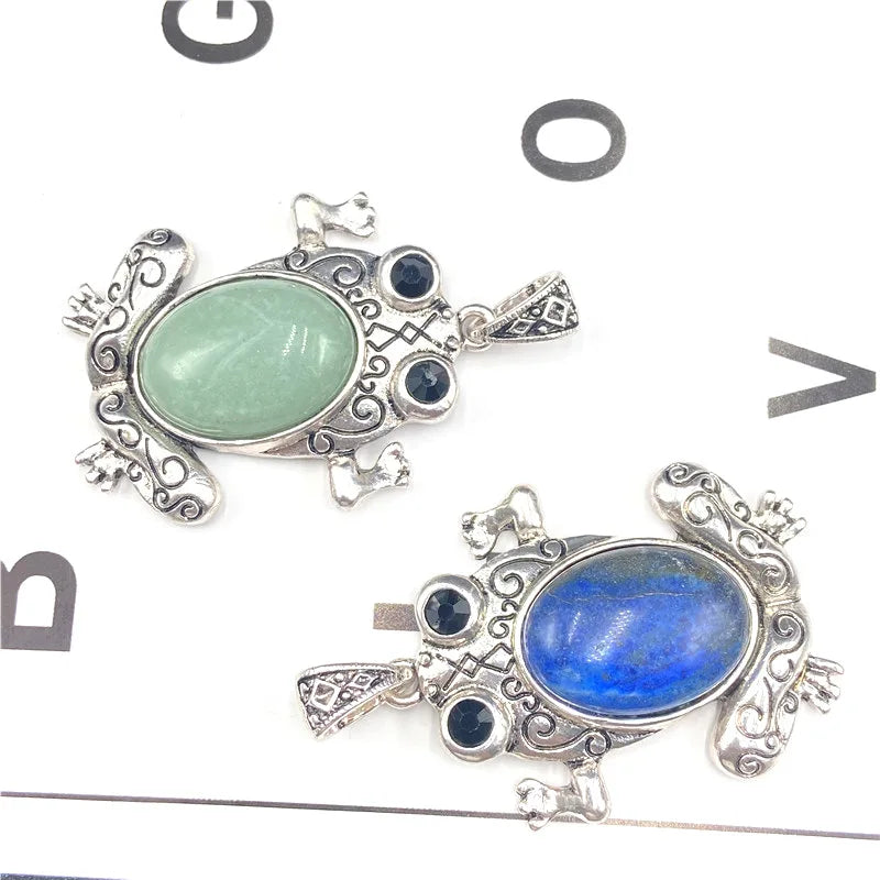 Antique Silver Filigree Frog Pendant Inlaid Natural Gemstone, Abalone Shell Crystal Lucky Animal Necklace with Black Wax Cord for Men Women Trend Jewelry