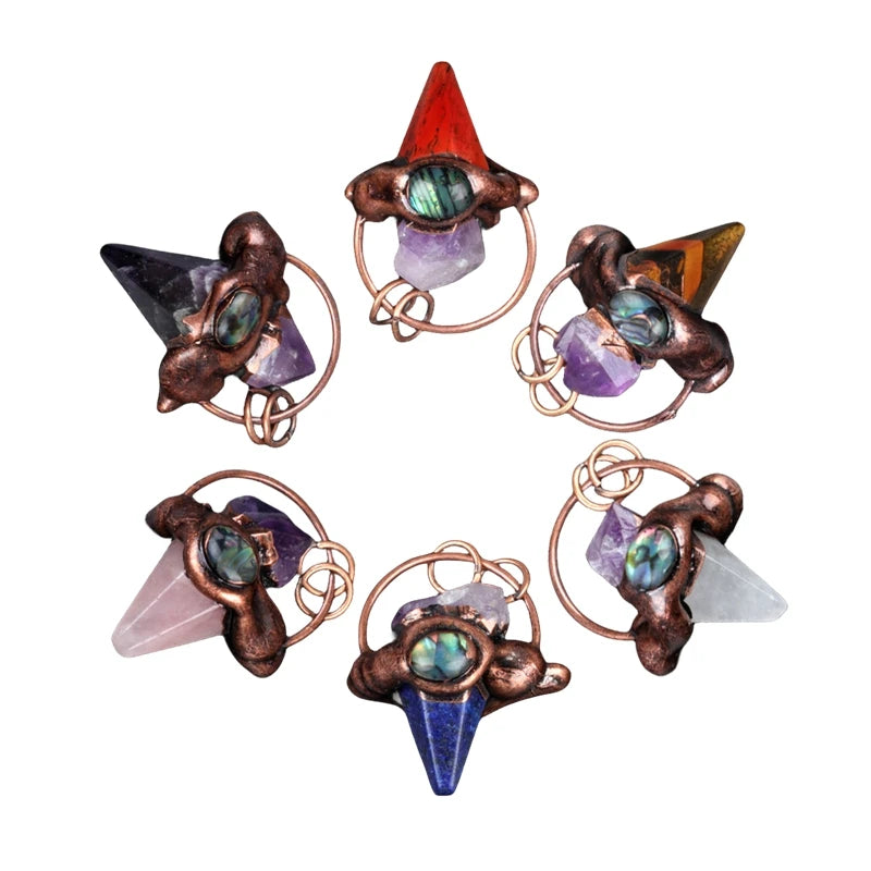 Gothic Mixed Stone Sacred Geometry Pendant - Antique Red Copper Wrapped Crystal Point and Abalone Shell Spiritual Necklace