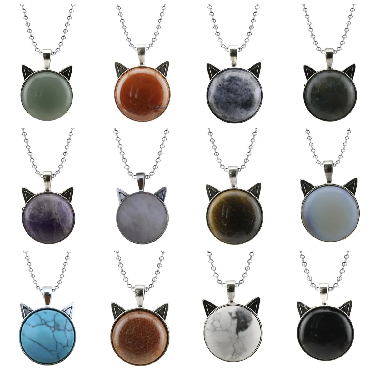 Vintage Cute Cat Head Crystal Pendant Necklace Natural Healing Stone Cat Ear Necklace Stainless Steel Ball Chain Jewelry Graduation Gift for Friends Lovers