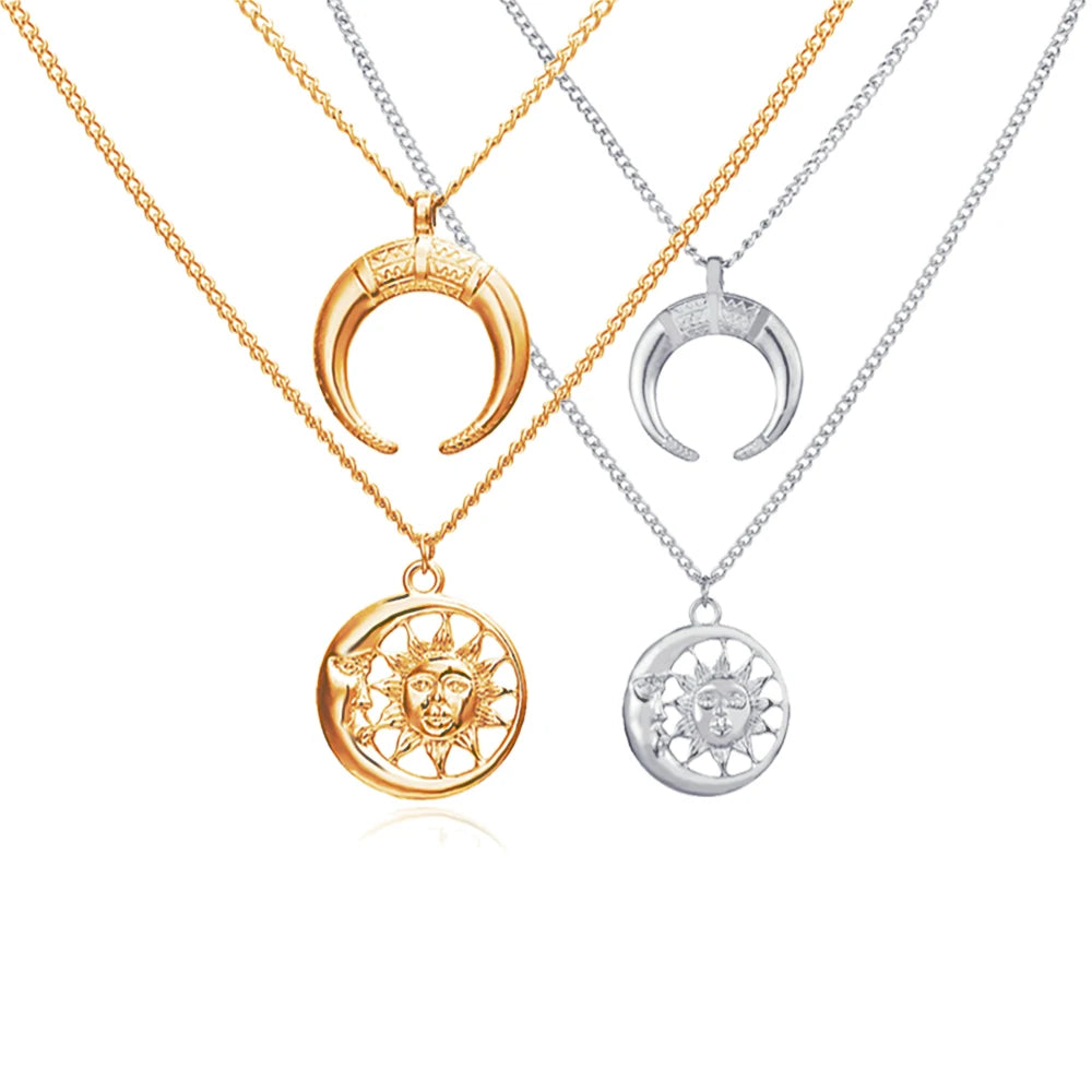Layered Pendent Necklaces Vintage Chain Sun and Moon Choker Necklace Fashion Jewelry for Women and Girls