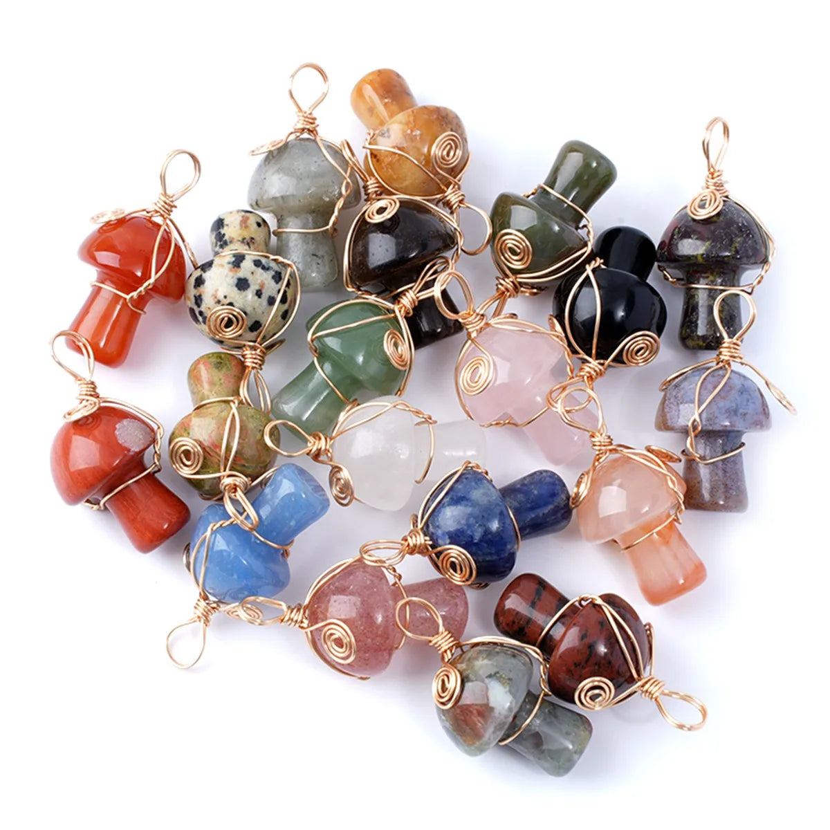 15×20mm Gold Wire-Wrapped Mushroom Crystal Necklace, Natural Gemstone Pendant with Chain