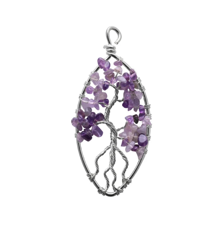 Hand Wrapped Tree of Life Crystal Pendant Natural Chip Stone Oval Wire Wrapped Pendant for Jewelry Making DIY Necklace Charm