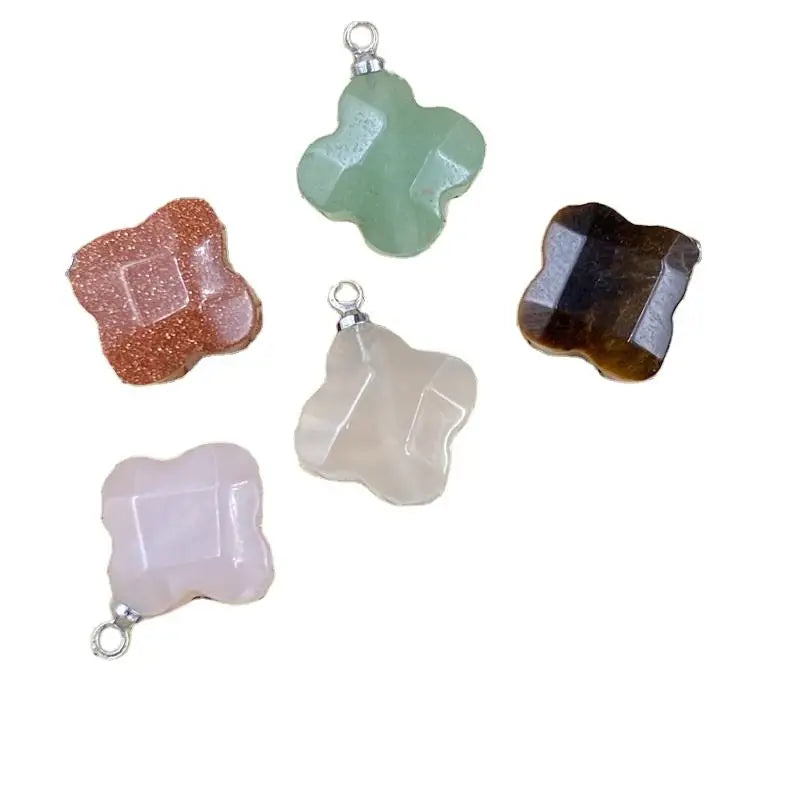 Natural Crystal Faceted Four Leaf Clover Charms, Silver Cap Four-Leaf Flower Gemstone Pendant for DIY Necklace Bracelet Earring Jewelry Making Supplies