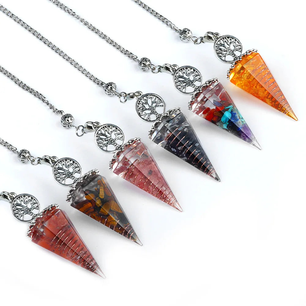 Chips Gemstone Tree of Life Resin Pendulum - Orgone Healing Dowsing Tool with Silver Chain for Divination, Hypnosis & Reiki - Spiritual Gemstone Gift for Wealth & Positivity