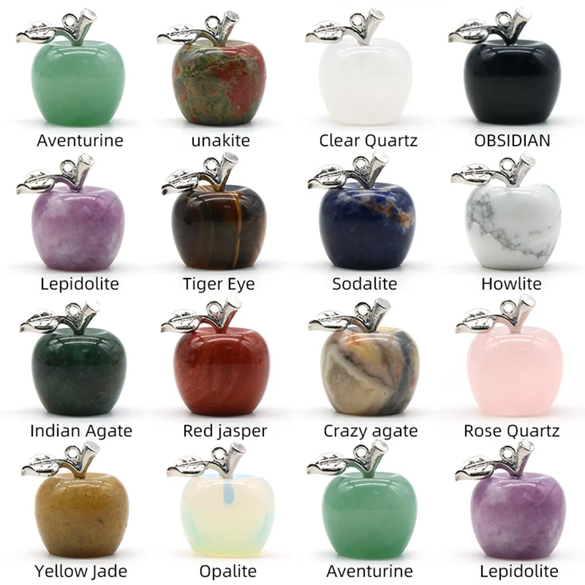20mm Natural Stone Apple Pendant Necklace, Tiger Eye & Multi-Stone Healing Crystal Charm for Jewelry Making