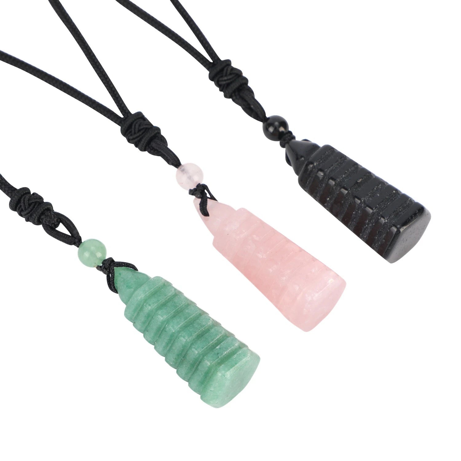 Natural Crystal Wenchang Pagoda Necklace | Carved Quartz Wisdom Tower Pendant | Rose Quartz Aventurine Obsidian Healing Protection Jewelry