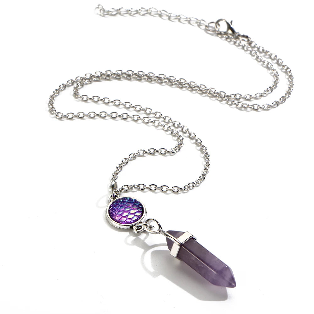Silver Plated Chain Crystal Point Necklace, Mermaid Scale Round Accent Natural Stone Hexagonal Prism Pendant, Daily Wear Spiritual Crystal Jewellery