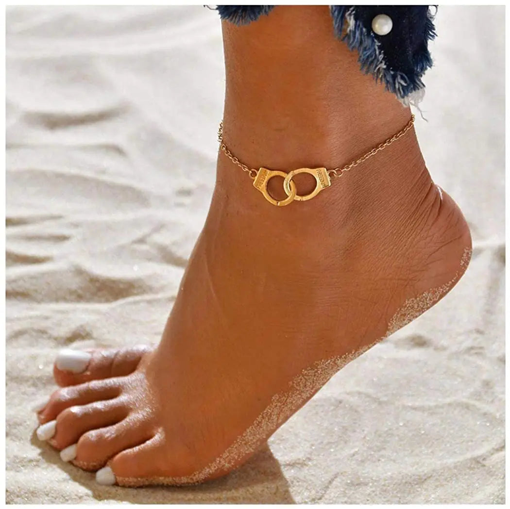 Dainty Handcuff Link Bracelet & Anklet- Gold & Silver Tone Freedom Charms Jewelry - Adjustable Punk Style Chain Bracelet for Women