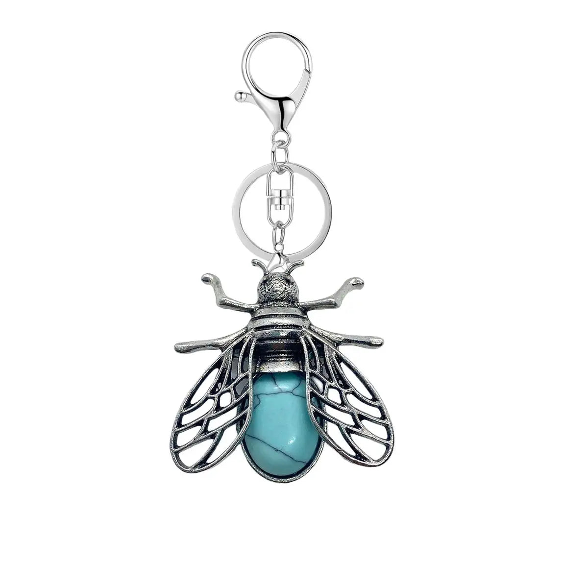 Vintage Cicada Fly Insect Crystal Keychain, Natural Gemstone Agate Healing Stone Pendant Key Ring Accessory for Bags & Purses