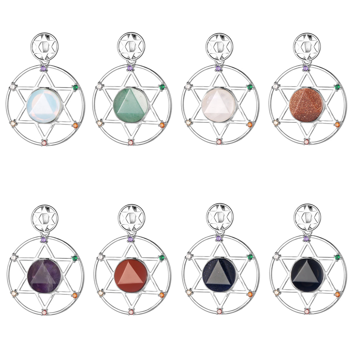 Hexagram Natural Crystal Keychain 7 Chakra Symbol Silver Plated Metal Key Ring Reiki Healing Gemstone Pendant Lobster Clasp Bag Charm