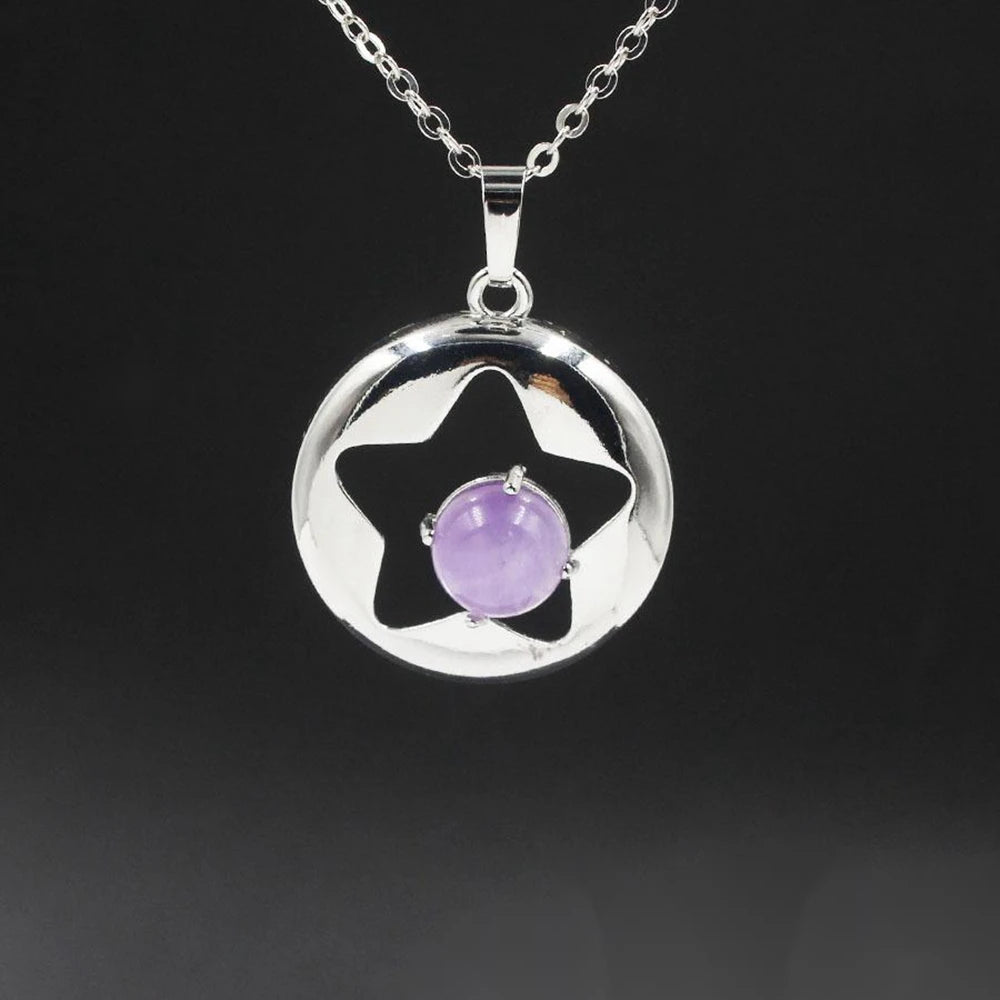 Star Hollow Natural Crystal Stone Locket Pendant, Openable Round Star Gemstone Charms Necklace, Healing Crystal Jewelry for Women Gift