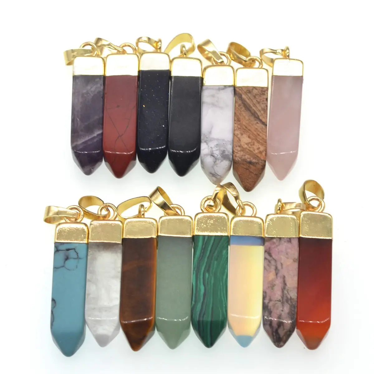 Multi‑Style Natural Stone Point Pendant, Gold Plated Cap Crystal Obelisk Charm, Boho Spiritual Necklace Pendant for Women