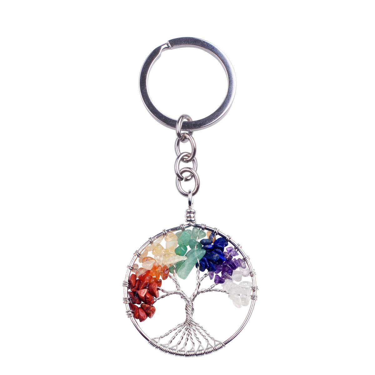 Tree of Life Chip Stone Keychain, Copper Wire Wrapped Natural Crystal Chip Tree Pendant Keyring, Healing Gemstone Bag Car Charm for Women
