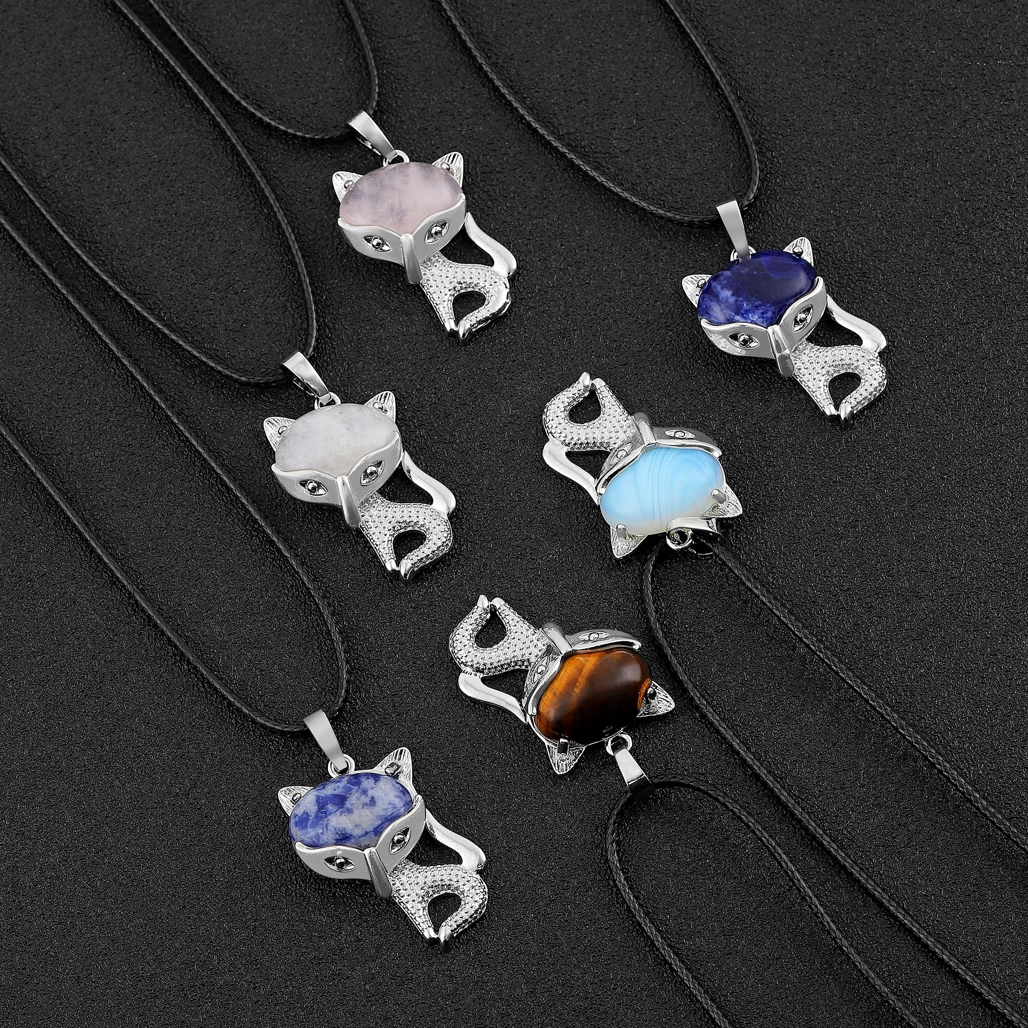 20×30mm Natural Crystal Fox Head Pendant Necklace, Healing Gemstone Beads for DIY Jewelry