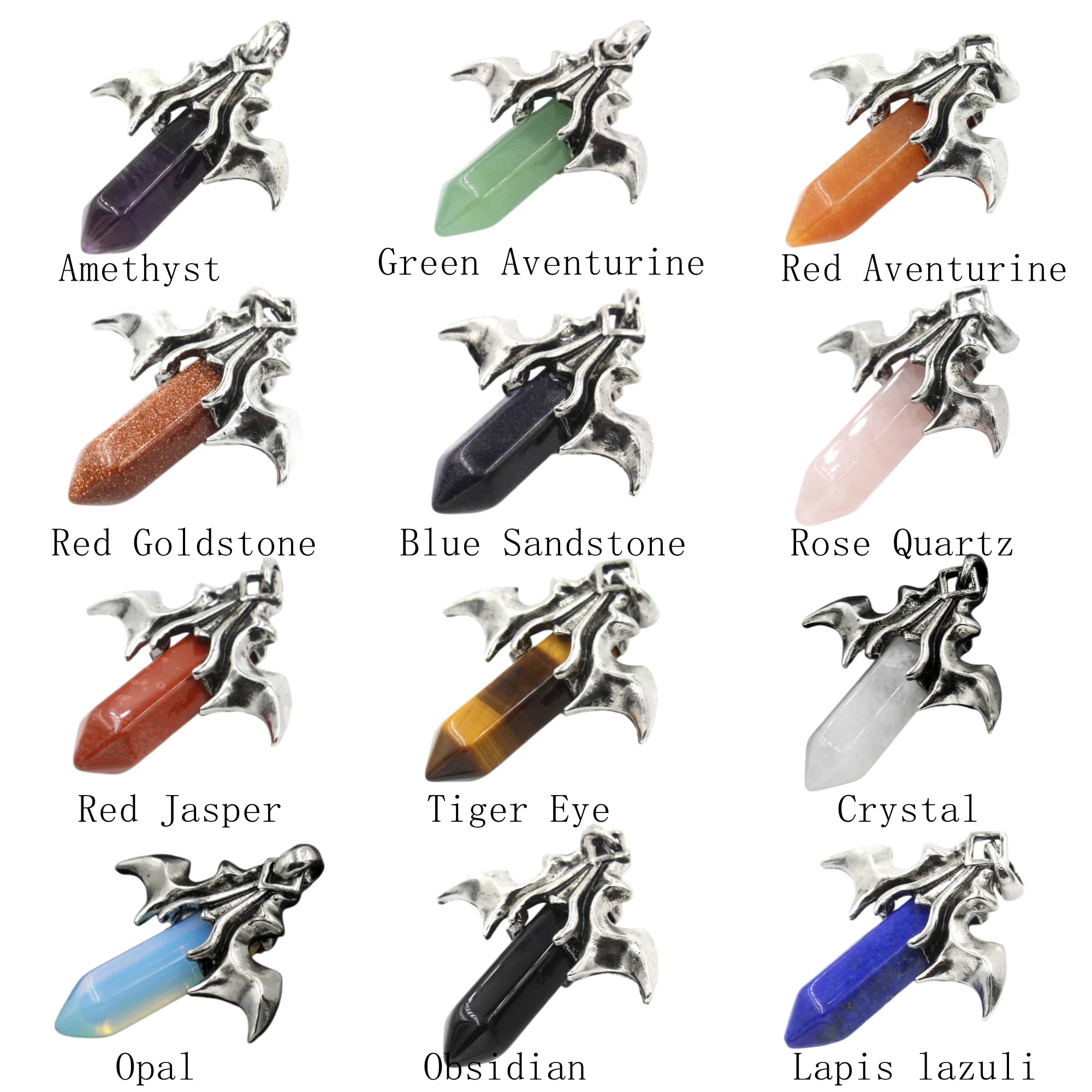 Natural Crystal Amethyst Healing Hexagonal Point Silver Bat Wing Gemstone Pendant For Jewelry Making