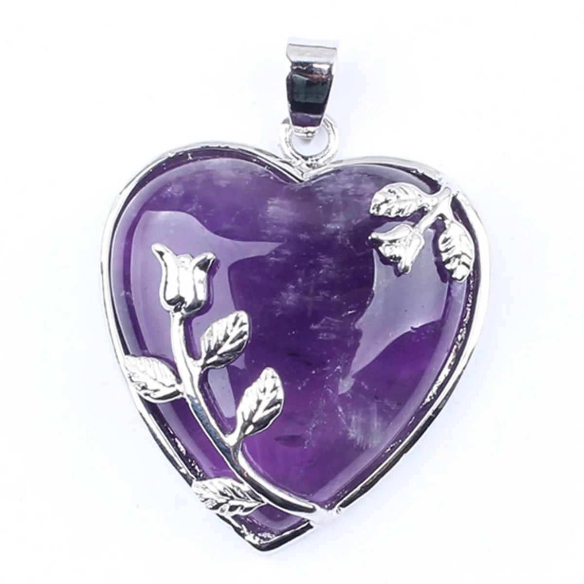 Heart Pendant Silver Rose Flower Wrapped Crystal Stone Necklace Charm for Women Girls Jewelry Gift