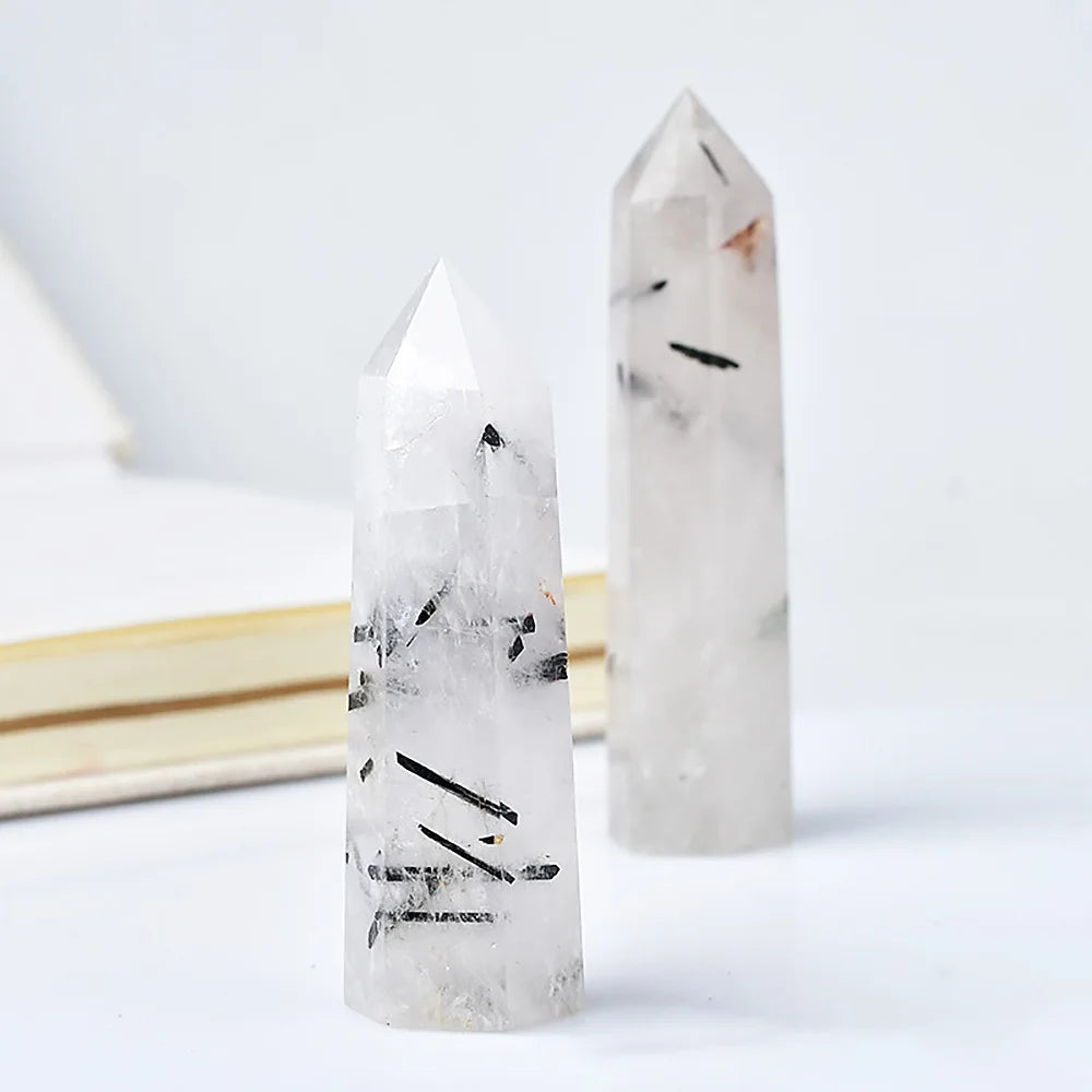Natural Black Tourmaline Rutilated Quartz Crystal Point Tower Polished Hexagonal Obelisk Wand for Home Decor Meditation Crystal Collection Gift