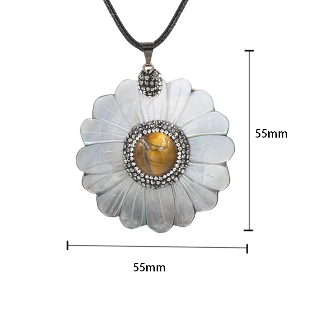 Mother of Pearl Daisy Flower Pendant Necklace, Natural Shell Carved Floral Crystal Center Black Wax Cord Boho Jewelry