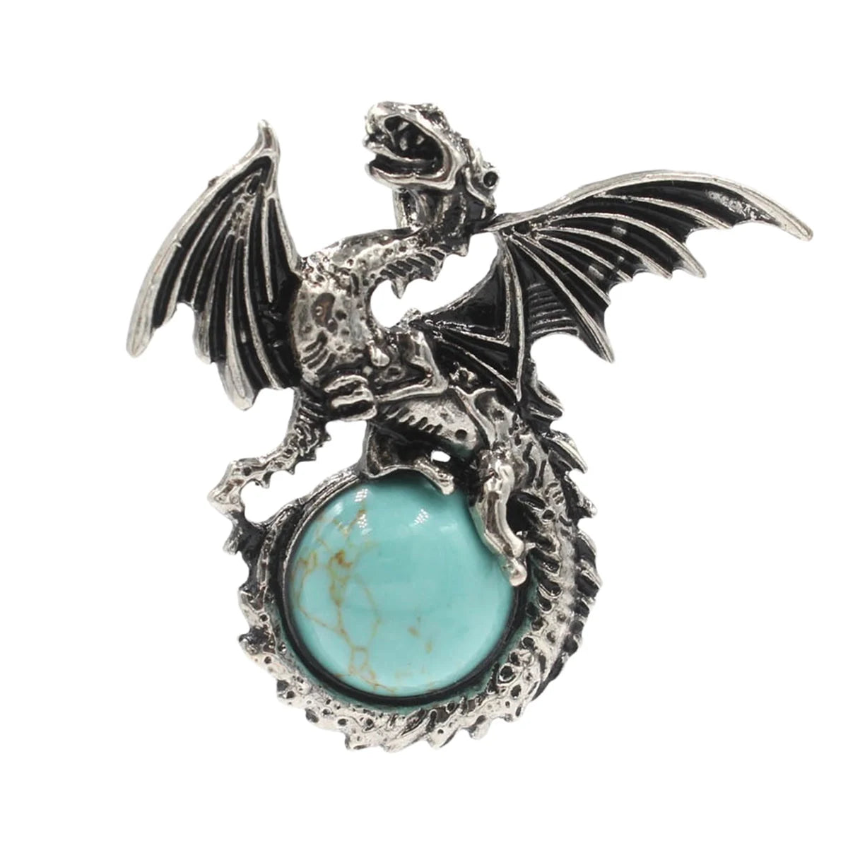Vintage Silver Winged Dragon Orb Pendant - Epic Fantasy Protective Talisman Natural Gemstone Necklace for Men Women