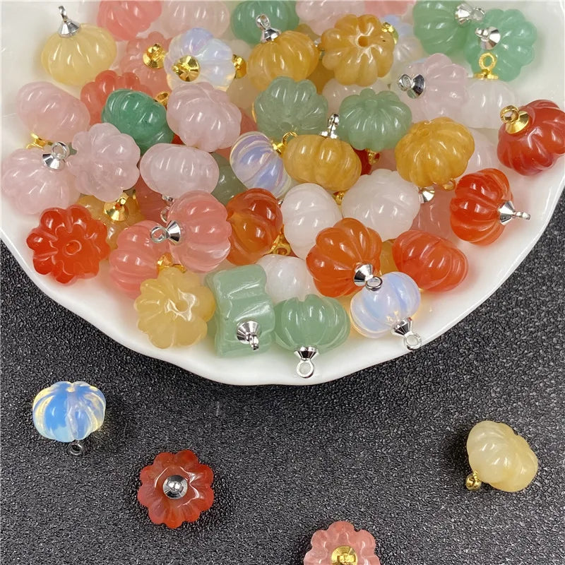 Natural Crystal Mini 3D Pumpkin Charms Gold Plated Cap Gemstone Pumpkin Pendant for DIY Halloween Jewelry Making Earring Necklace