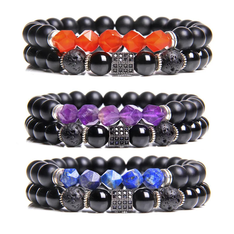Wholesale 8mm Matte Onyx Beaded Bracelet Set | Chakra Yoga Black Agate with Faceted Amethyst for Men & Women