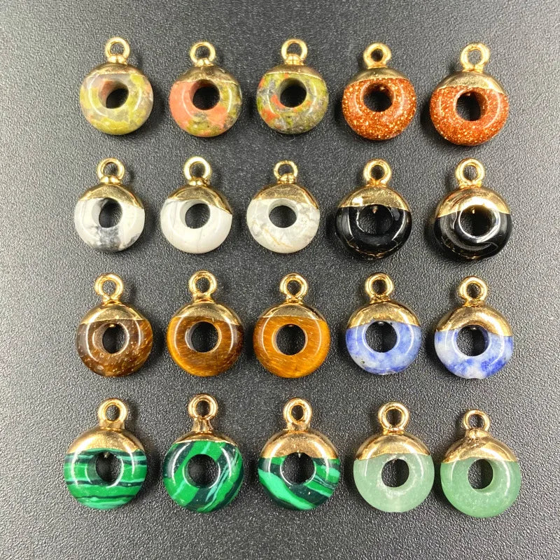 Gold Cap Donut Natural Stone Mini Pendant Tiny Circle Healing Crystal Chakra Gemstone Charm for DIY Earring Bracelet Necklace Jewelry Making