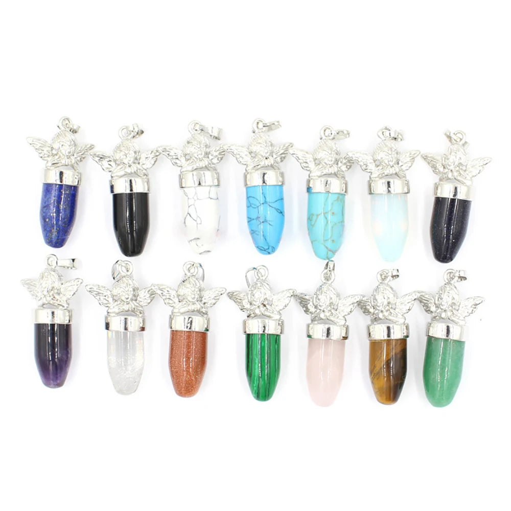 Angel Crystal Bullet Pendant Silver Plated Natural Stone Guardian Angel Charm for Reiki Chakra Necklace Making