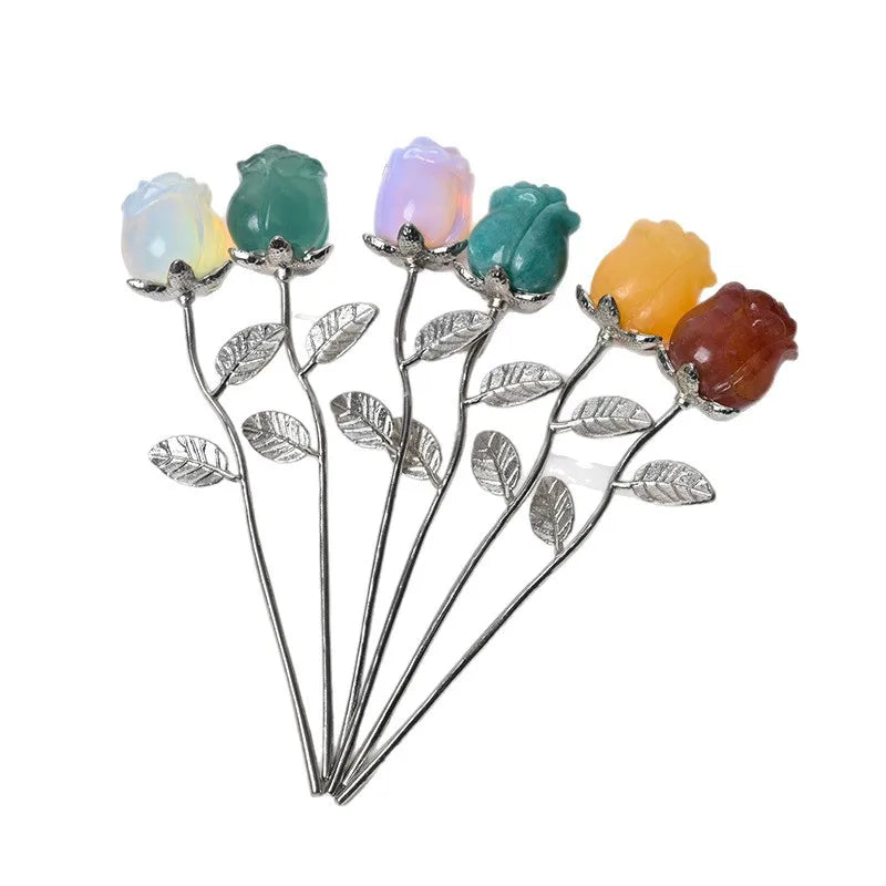 Natural Gemstone Rose Flower Pendants | Handcrafted Silver Metal Long Stem Crystal Roses for Valentines Day, Home Decor & Spiritual Healing Gifts