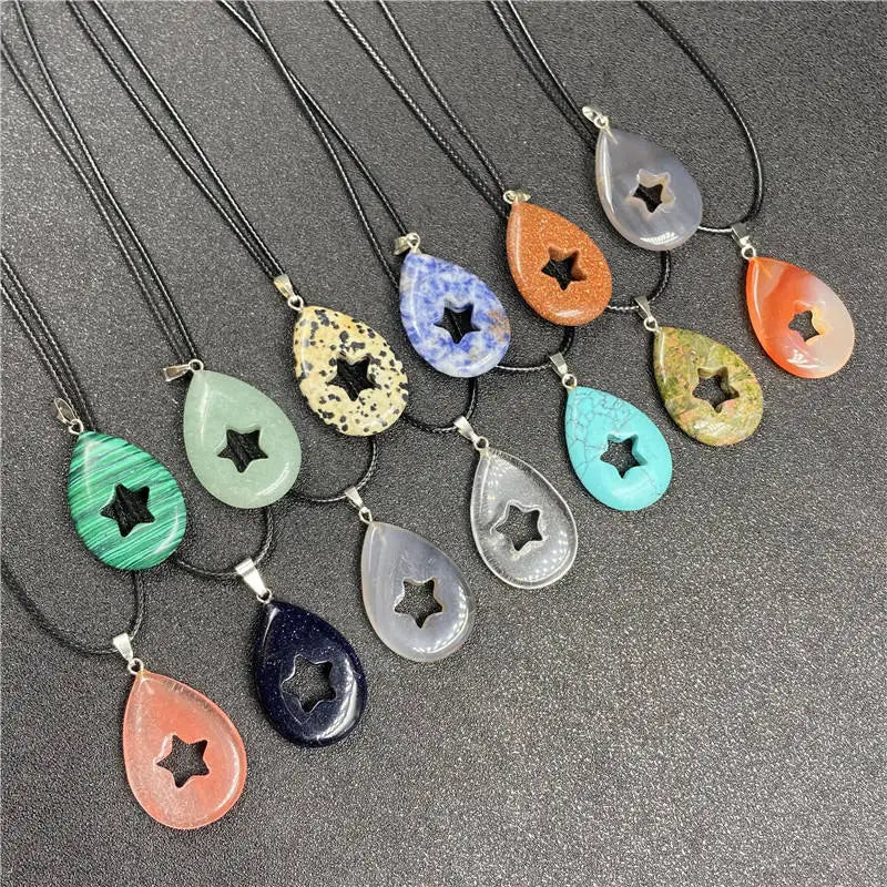 Hollow Star Cut Natural Teardrop Crystal Pendant, Waterdrop Gemstone Chakra Healing Necklace Charm for Men Women Spiritual Jewelry