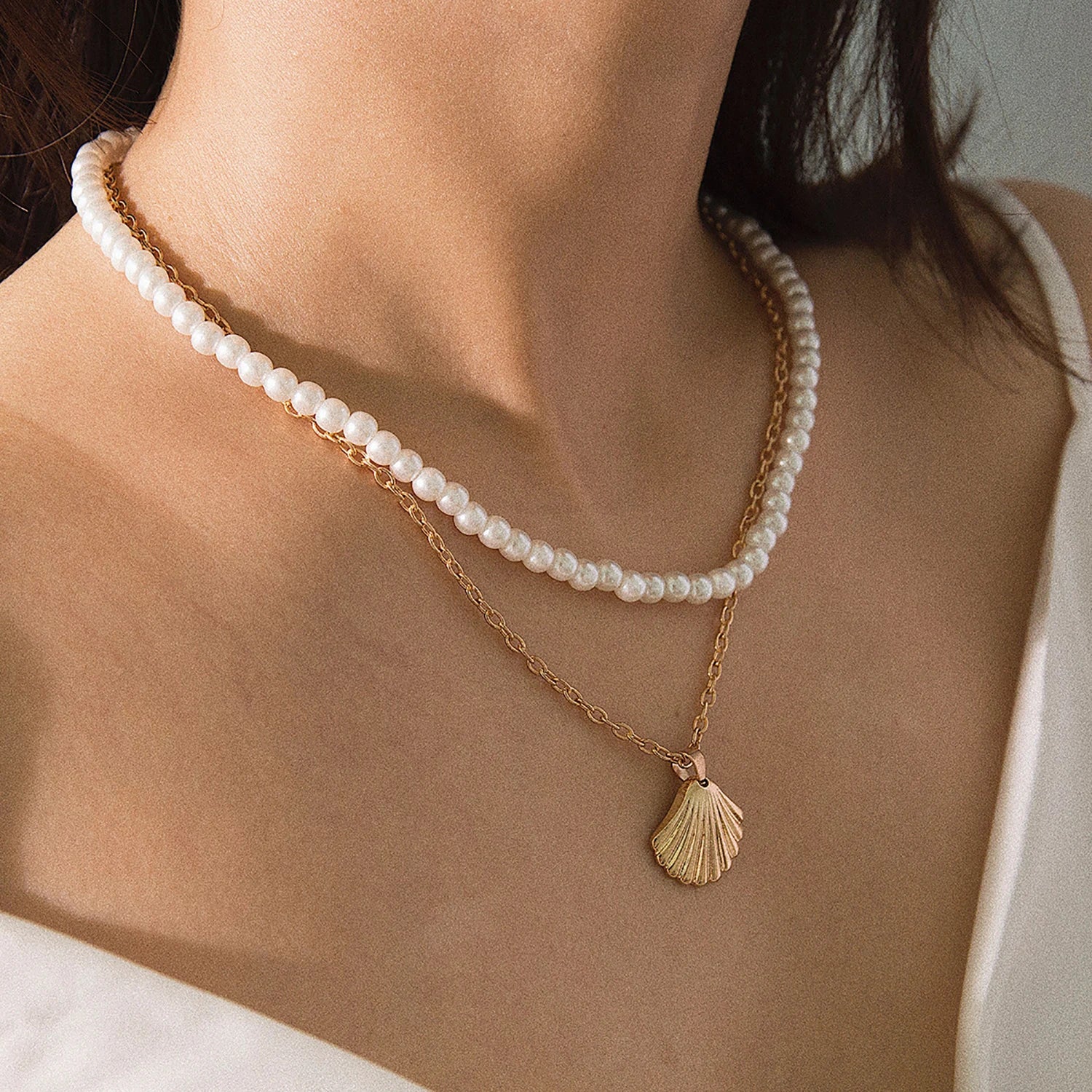 Double Layer Pearl & Scallop Shell Pendant Necklace, Bohemian Summer Beach Ocean Choker for Women