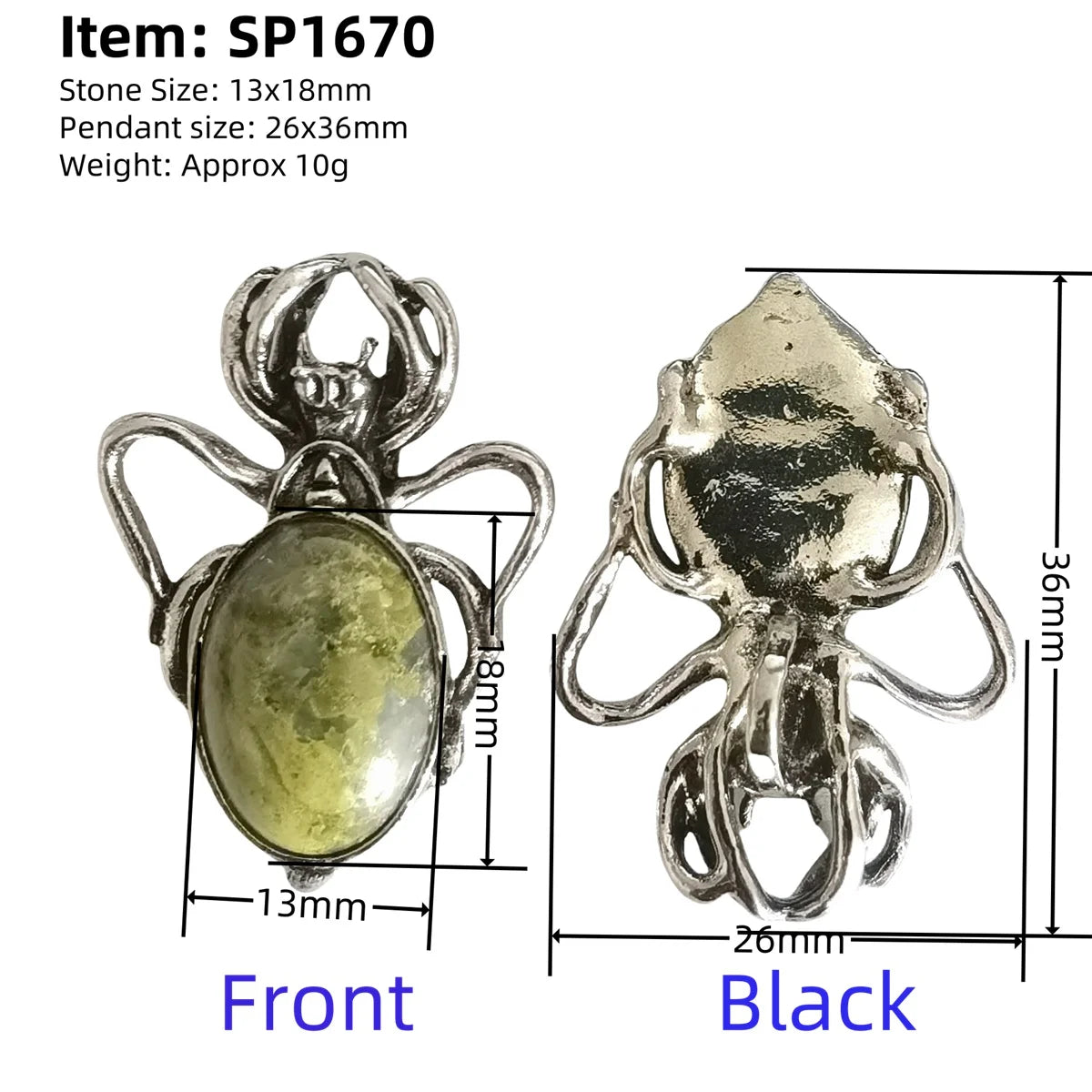 26×36mm Antique Silver Spider Pendant | Natural Crystal Cabochon Gothic Insect Charm for Jewelry Making