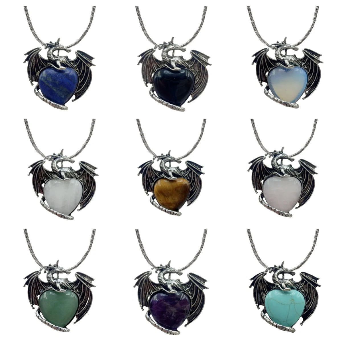 Vintage Silver Alloy Dragon Heart Crystal Necklace | Natural Gemstone Mythical Pterosaur Pendant with Chain for Weddings, Parties, Cosplay