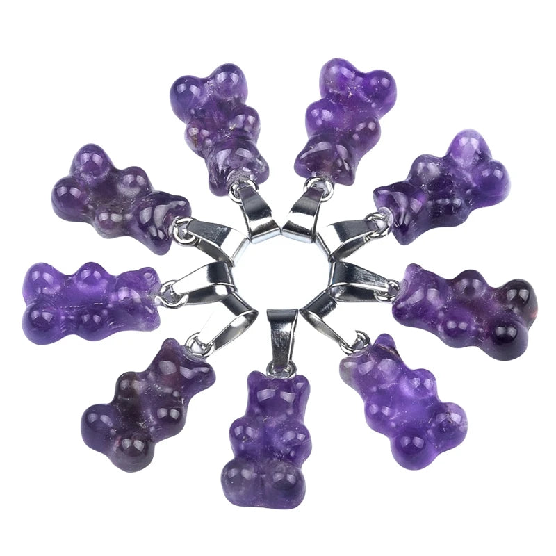 Cute Natural Crystal Gummy Bear Pendant Necklace - Healing Gemstone Amethyst Rose Quartz Bear Charms Jewelry Gift for Women