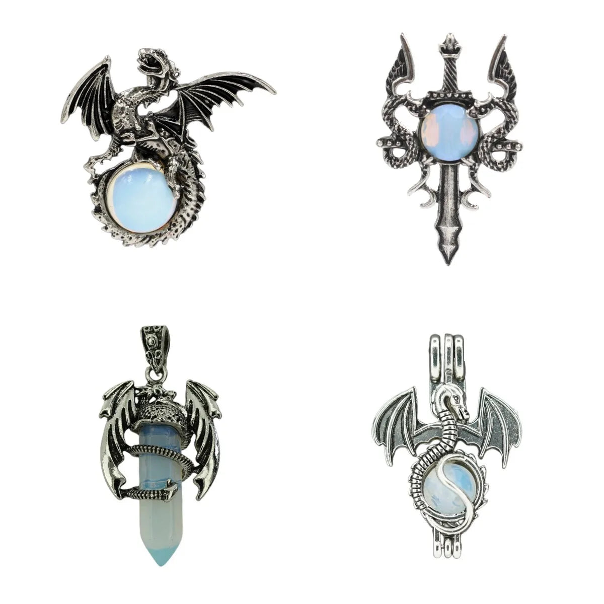 Gothic Dragon Crystal Point Pendant - Vintage Opalite Hexagonal Column Charm