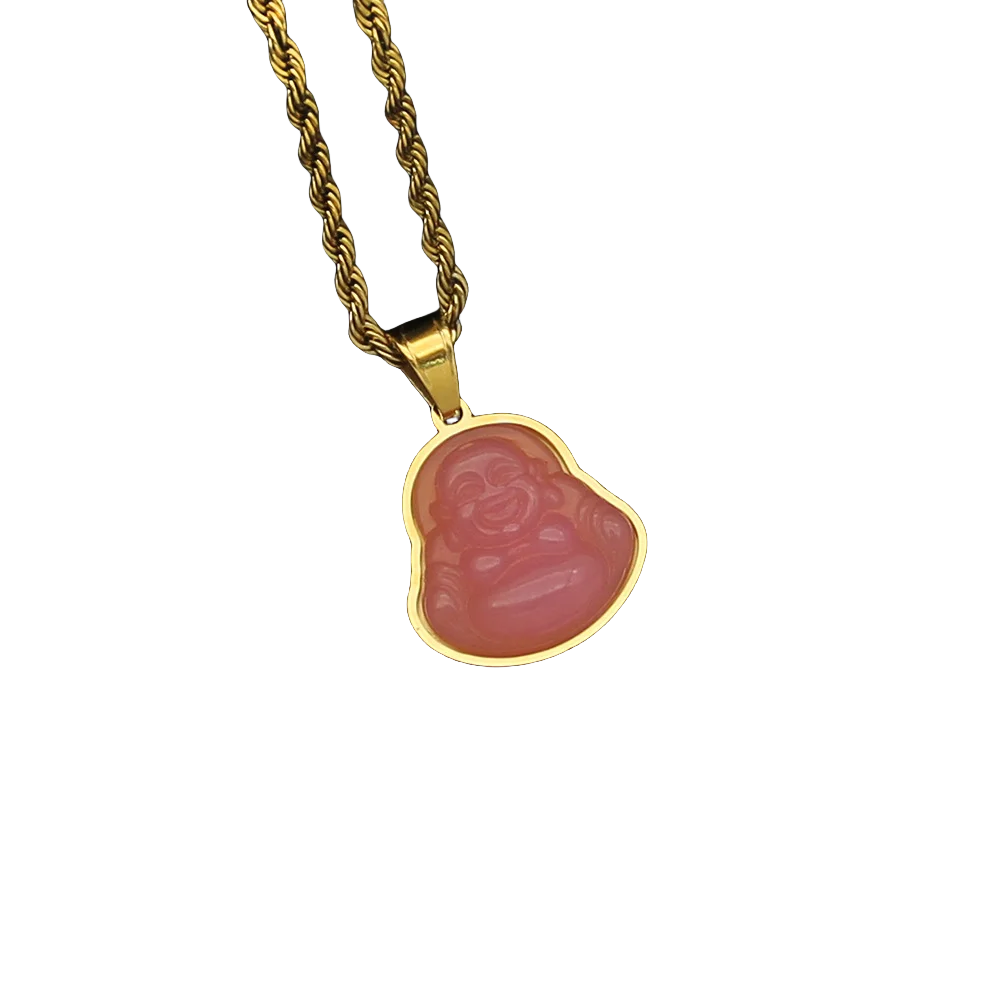 Maitreya Laughing Buddha Pendant Necklace for Men Women - Gold Plated Resin Chalcedony Jade Buddha Crystal Jewelry Gift