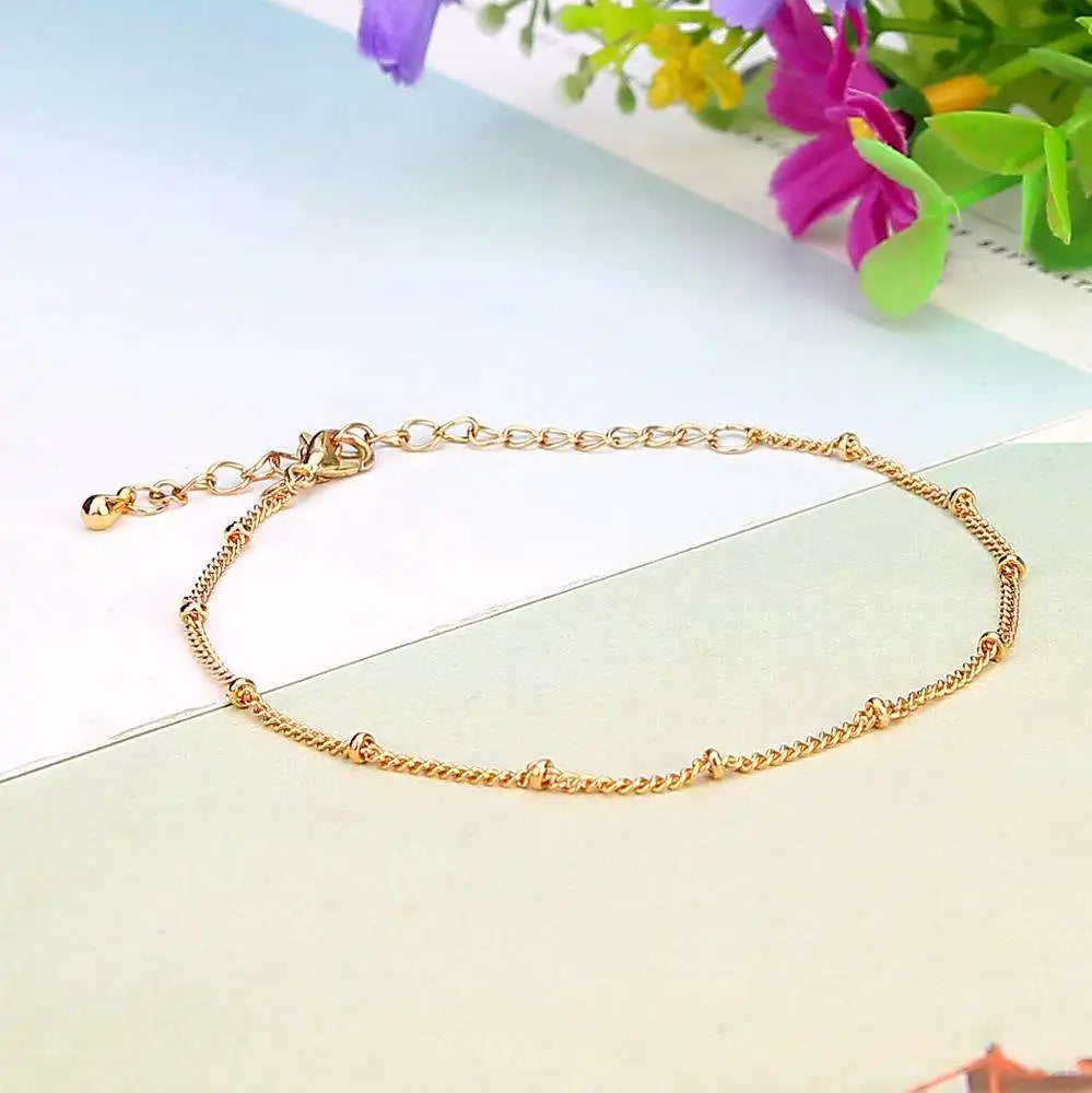Dainty Rose Gold Satellite Chain Bracelet - Minimalist Beaded Wrist Anklet