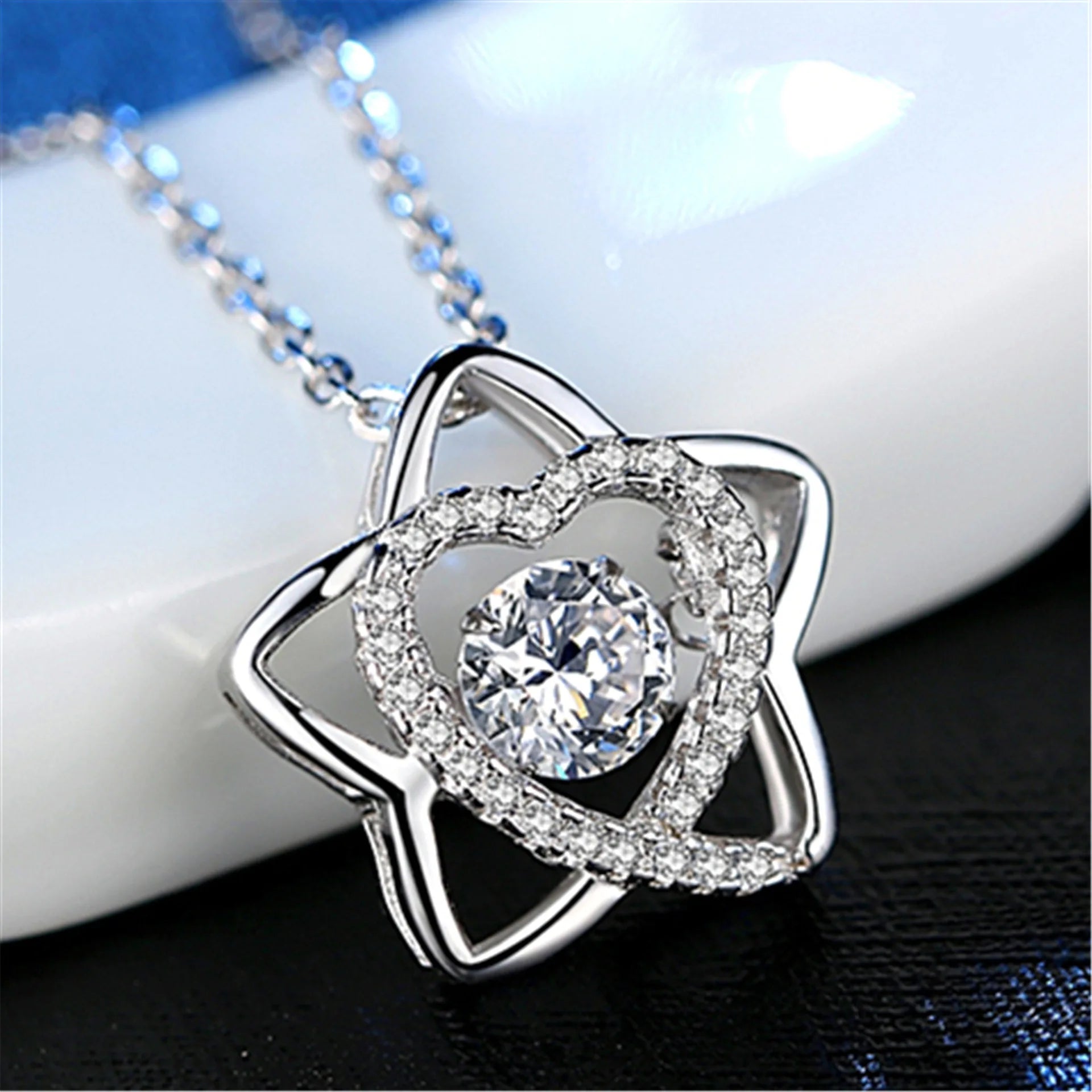925 Sterling Silver Moissanite Necklace for Women, Star & Heart Design with Sparkling Dancing Stone