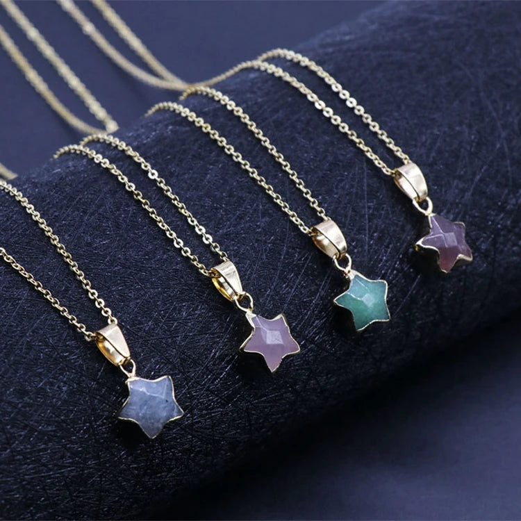 Gold Plated Star Shape Natural Crystal Pendant Necklace, 13×13mm Faceted Five‑Pointed Star Gemstone Necklace, Reiki Chakra Healing Stone Jewelry for Women