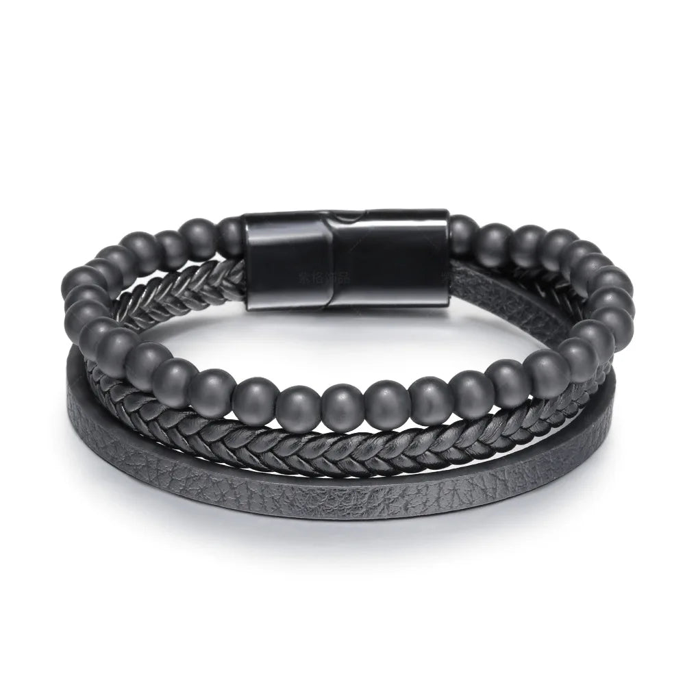 Men's Trendy Hand-Woven Leather Bracelet - Natural Stone Beads & Cowhide Wrap Bangle - Spiritual Protection Jewelry