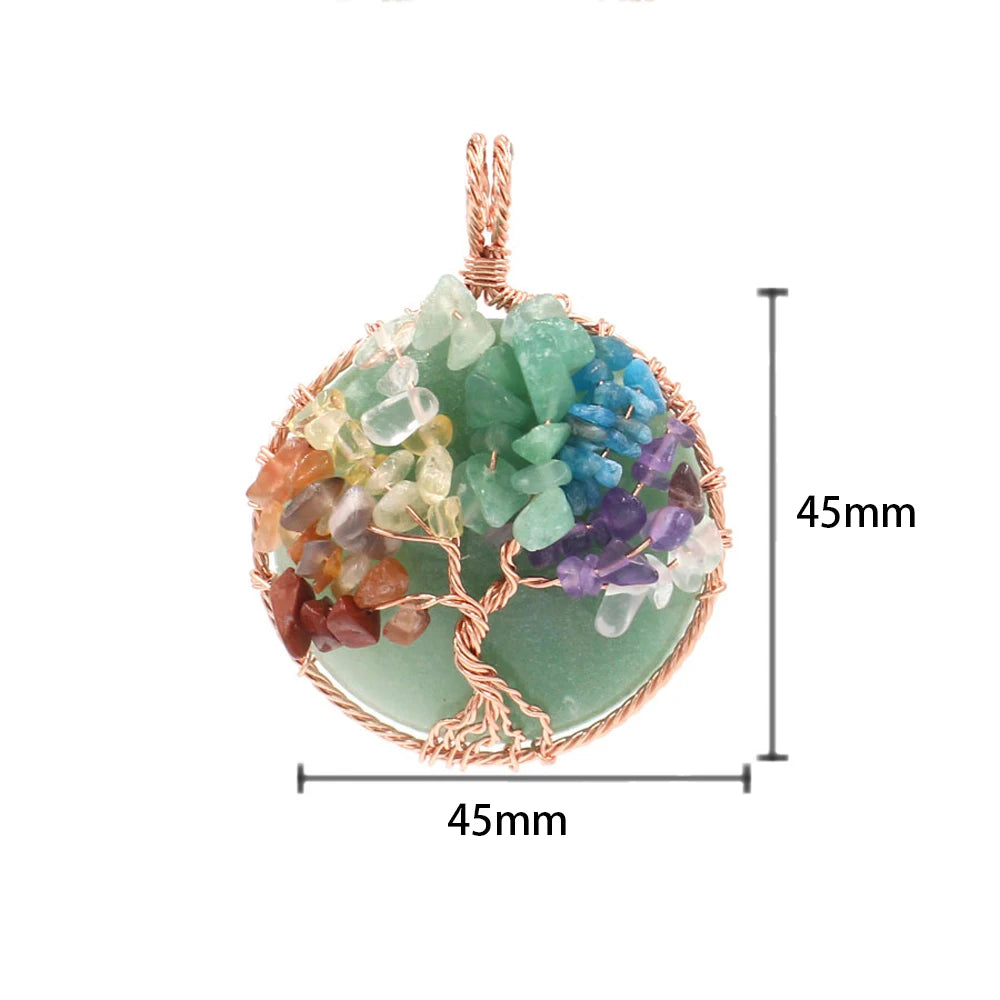 Chakra Tree of Life Wire Wrapped Pendant, Natural Crystal Chip Stone Round Pendant 45mm, Rose Gold Copper Handmade Wrapped Healing Reiki Crystal Necklace Pendant for Jewelry Making Gift