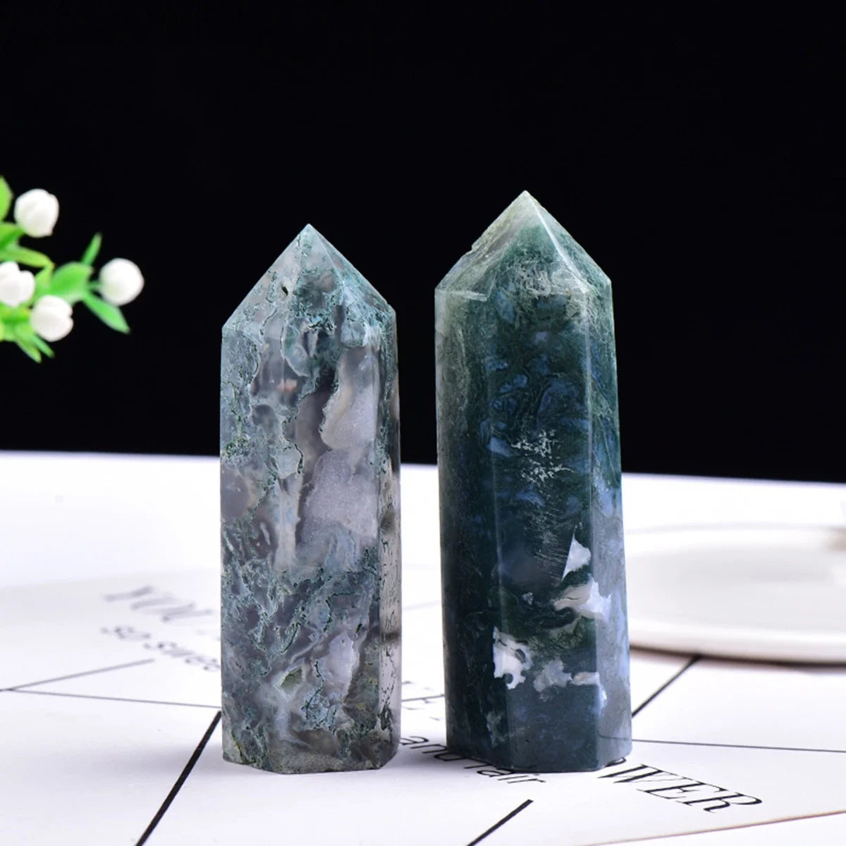 Natural Moss Agate Crystal Point Tower Polished Hexagonal Obelisk Wand for Home Decor Meditation Crystal Collection Gift